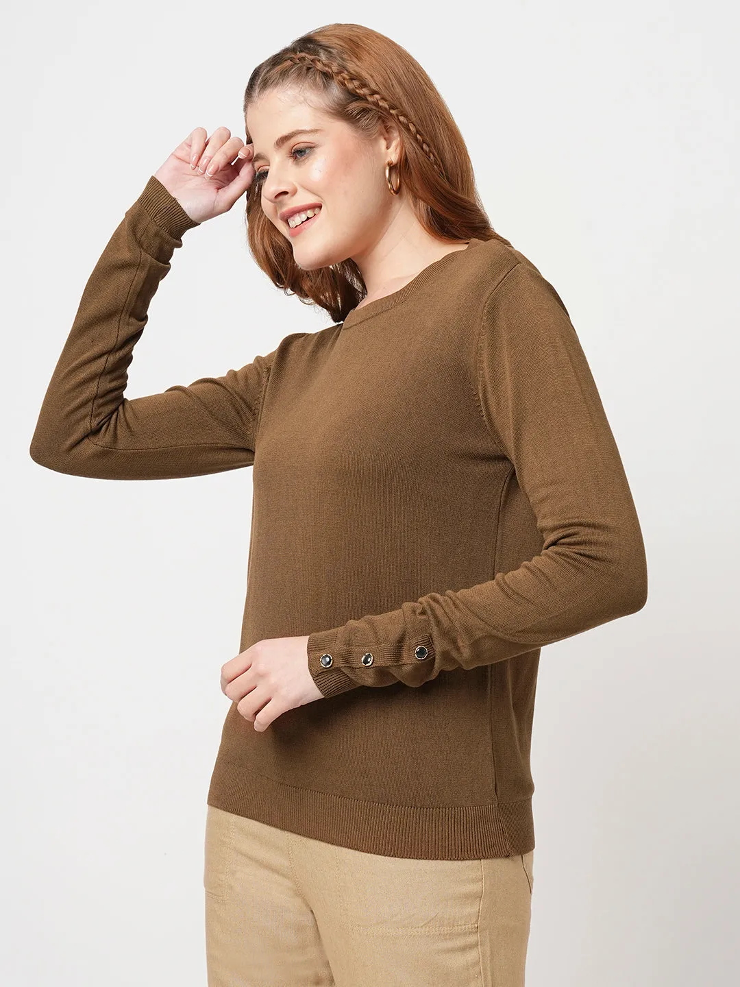 Women Slim Fit Sepia Regular T-Shirt